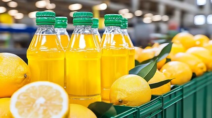 Fresh Lemonade Bottles Surrounded by Bright Yellow Lemons in a Grocery Store Display