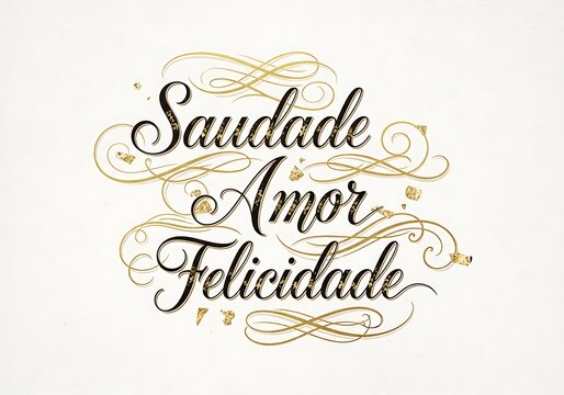 Portuguese words saudade amor felicidade with gold swirls on beige background