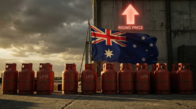 Australian flag waving behind a row of red l p g gas cylinders against a concrete wall with a glowing red neon arrow pointing upward and the text r i s i n g p r i c e indicating fuel cost inflation