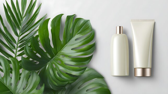 Skincare product set on green tropical monstera and palm leaves