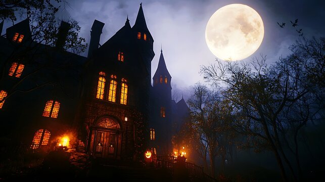 Eerie Gothic Mansion Surrounded by Fog Under Full Moon with Bat Silhouettes and Glowing Windows