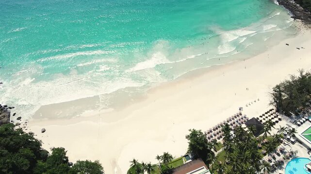 Aerial view beautiful Karon noi Beach in Phuket Thailand, Landscape of patong city phuket in sunny summer day time, Beautiful tropical sea,High angle view Sea beach Sunset in the evening