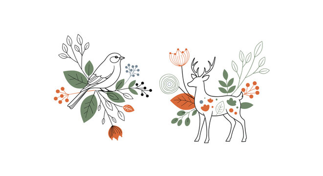 Two intricate line-art illustrations featuring a graceful bird and a majestic deer are beautifully decorated with colorful floral motifs and various green leaves.