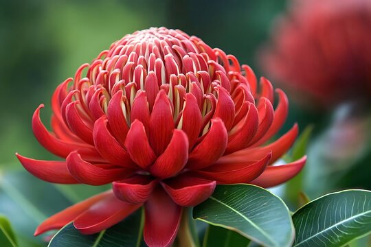 Vibrant red waratah flower blooming beautifully with green foliage in nature
