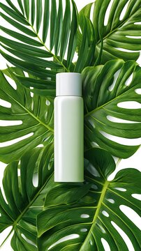 White cosmetic bottle surrounded by large green tropical monstera leaves