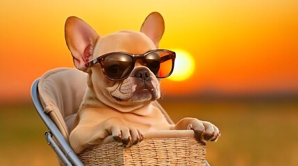 Adorable French Bulldog Wearing Sunglasses in a Basket During a Beautiful Sunset in a Vibrant Field