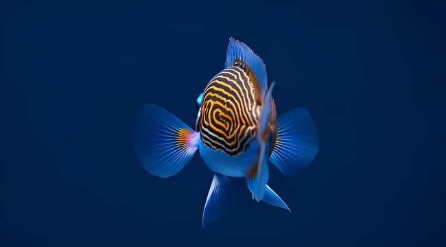 Rear view of an emperor angelfish swimming in clear dark blue water
