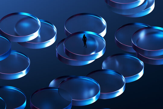 3D floating glass platform with silhouette and blue depth
