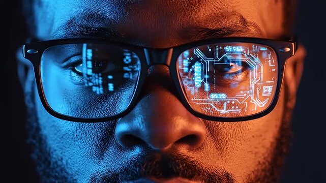 Man's eyes reflecting digital data in glasses with dual light