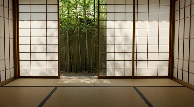 Minimalist Japanese Interior with Tatami Mats, Shoji Screens, and Bamboo Garden View