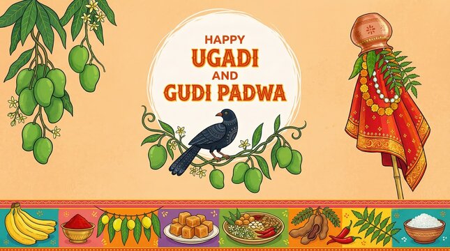 Happy ugadi and gudi padwa greeting card with mango leaves a black bird a traditional gudi flag and festive food on a light orange background