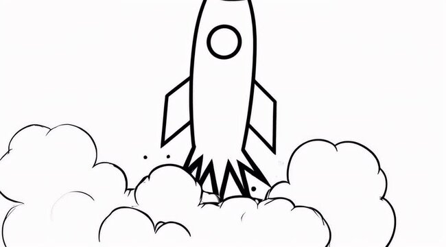 Cartoon style rocket launching into space with smoke trails in black and white