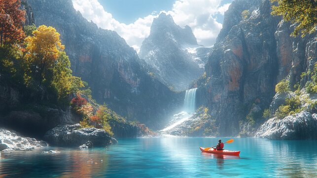 A kayaker explores a serene hidden cove surrounded by stunning scenery, with a vibrant orange kayak and paddle, set against a backdrop of majestic mountains, lush foliage, and a cascading waterfall.