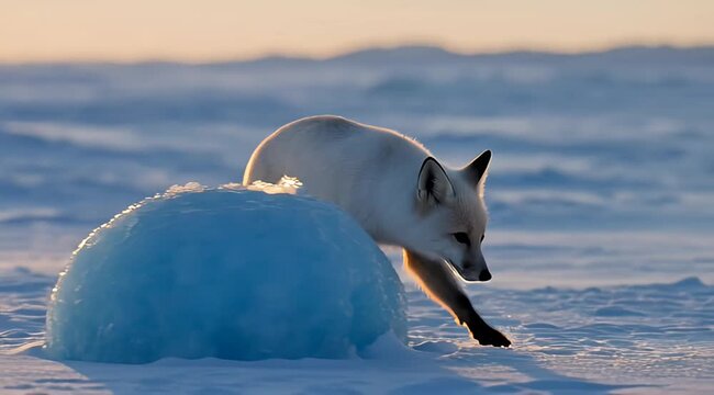 Arctic fox carefully stepping down from a small ice hummock in a snowy landscape