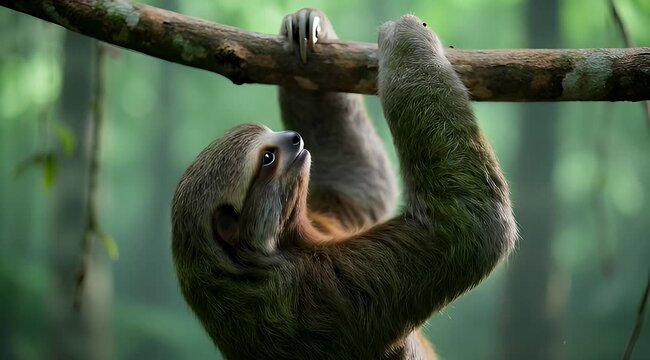 Adorable three toed sloth clings to a tree branch in the jungle