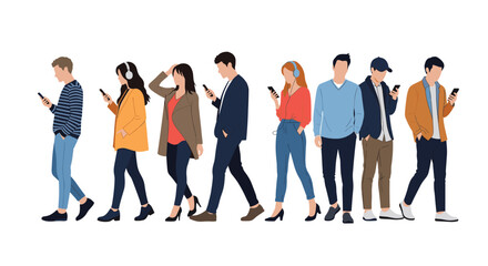 Obraz premium Diverse group of young people walking in a line while being completely distracted by using their smartphones and mobile devices outdoors.