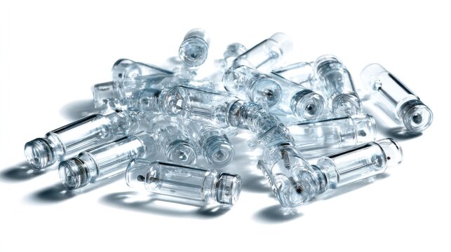 Pile of empty clear plastic vials uncapped for medical and laboratory use
