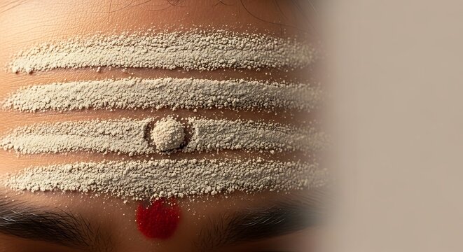 Close up of a person's forehead with traditional Hindu tilak markings including vibhuti and kumkum, symbolizing spirituality and devotion