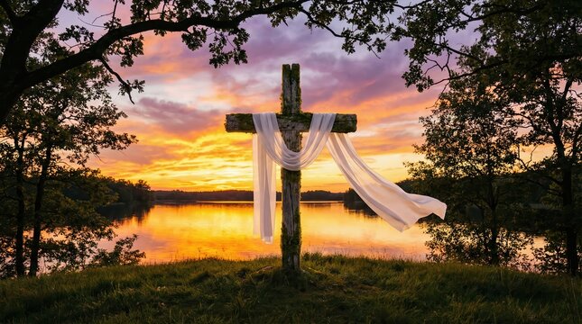 Wooden cross draped with white fabric standing on a grassy hill overlooking a calm lake at sunset with orange and purple clouds in the sky framed by dark tree silhouettes