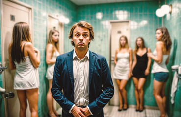 Fototapeta premium Surprised Businessman in Suit standing in a Women's Public Restroom, Humorous Awkward Situation