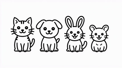 Fototapeta premium Cute cartoon animal icons set of cat dog rabbit and mouse simple line art for childrens books and pet care branding isolated on white