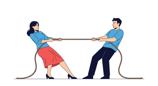 Man and woman in professional attire engaged in a competitive tug of war game pulling on opposite ends of a thick rope.