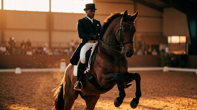 Elegant Equestrian Performance: A Black Male Rider in Formal Attire Performing a High School Movement on a Magnificent Brown Horse