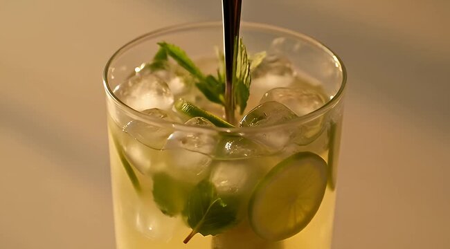 Refreshing mojito cocktail in a glass filled with ice, lime, and mint