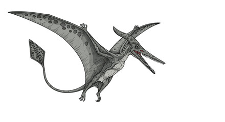 Fototapeta premium Prehistoric pterodactyl dinosaur with large wingspan and long tail flying through the air with its beak open showing teeth on white.