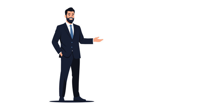 Professional businessman with a beard wearing a dark suit and blue tie gesturing with an open hand to the side on white background.