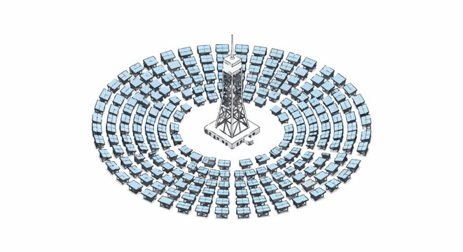 Isometric Illustration of a Concentrated Solar Power Plant with Heliostat Mirrors and Central Tower, Renewable Energy Concept Drawing on White Background