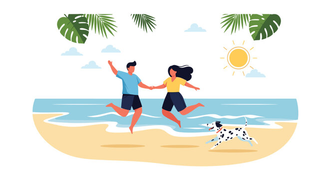 Joyful young couple jumping in the air on a sunny tropical beach while a dalmatian dog runs happily beside them in the sand.