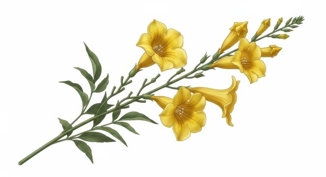 Yellow allamanda flower branch illustration isolated on clean white background.