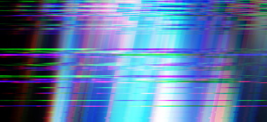 Abstract digital glitch background with neon RGB scan lines, blue cyan light streaks and futuristic distortion effect