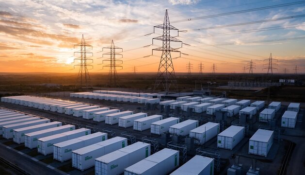 Aerial view of white BESS battery containers in organized rows, rural landscape, green fence, transformers, dramatic cloudy sky. Grid-scale energy storage infrastructure.