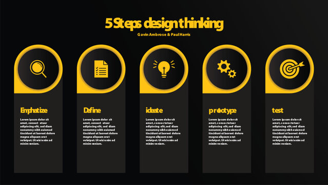 Modern black and yellow infographic template with circular icons and clean layout for business process