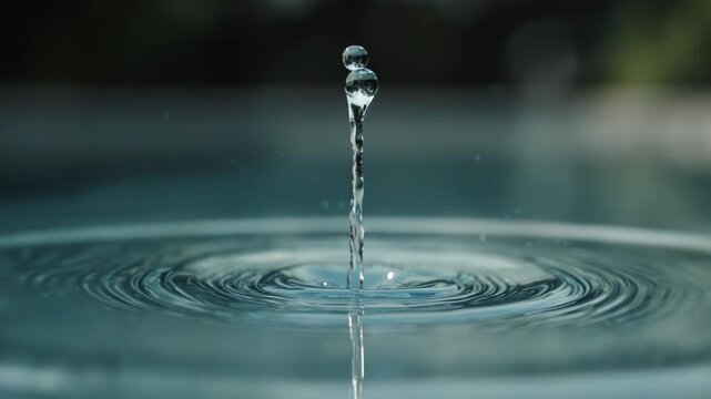 Water droplet falls into a calm pool, creating ripples and splashes, capturing the dynamic interaction between liquid and surface in a serene outdoor setting