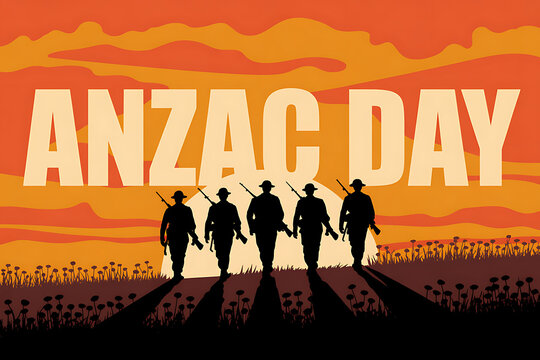 Soldiers marching in a field on Anzac Day with a vibrant orange sunset
