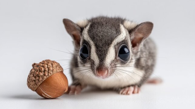 Incredibly tiny baby flying squirrel joey with acorn studio setting close-up adorable concept