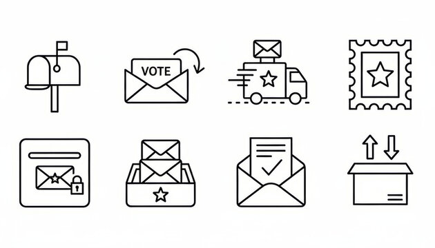 Collection of simple line art icons representing postal services and voting.