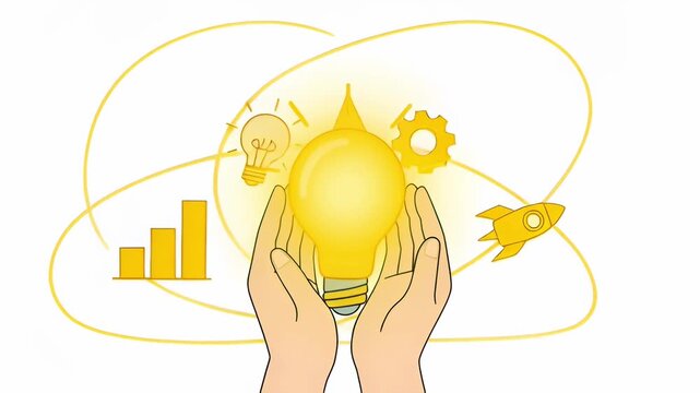 Animated illustration of hands holding a glowing light bulb, symbolizing creativity, innovation, and ideas, surrounded by icons of growth, technology, and startup success.