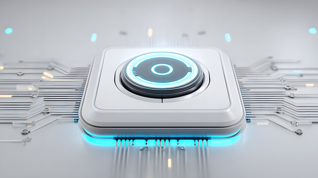 Futuristic button glowing blue circle digital interface minimal design white technology cyber circuit 3d render sci fi style modern device control panel futuristic button glows with crisp blue