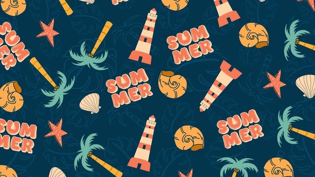 Summer beach pattern animation: looping 4K seamless scene with playful icons like lighthouse, palm trees, shells, and starfish on dark teal background, cheerful tropical vibe for digital use.