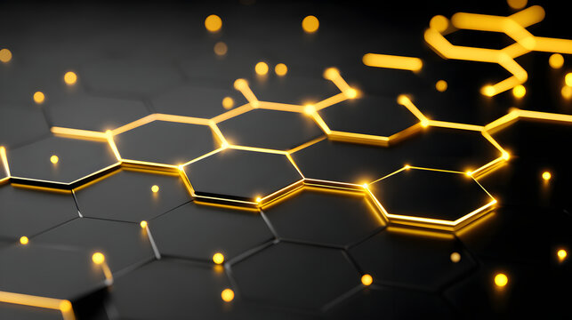 Hexagon technology abstract network golden futuristic glowing background digital connection Sleek hexagon technology abstract network with golden futuristic glowing background digital connection