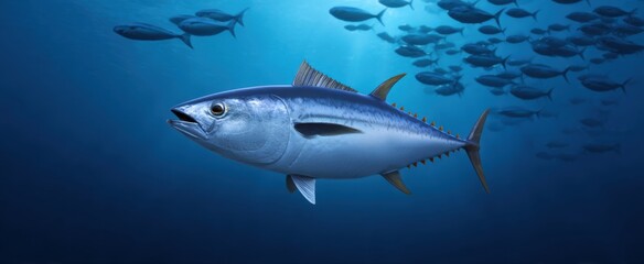 Fototapeta premium tuna gliding elegantly in pristine blue water with a vibrant school of fish nearby