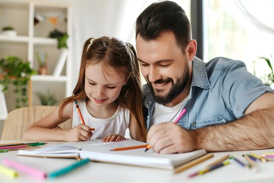 Vater unterst&uuml;tzt seine Tochter beim Schreiben und Lernen am Tisch im hellen Zuhause