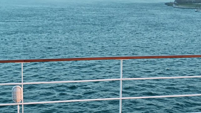 A seagull perched on a ship deck railing with the sea in the background