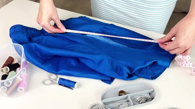 A girl carefully examines a hole in her shorts and then measures its size with a tape measure. Concepts for clothing repair, fabric damage, and home crafts.