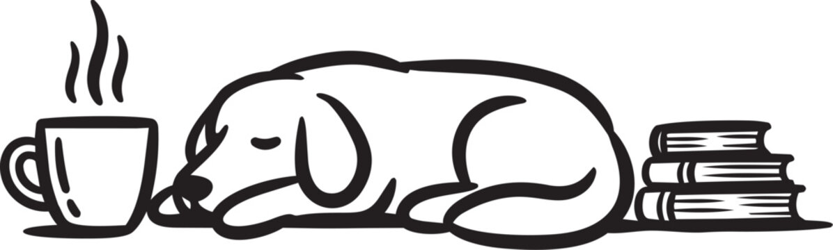 Cozy black silhouette of a sleeping dog with a coffee mug and a stack of books.