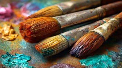 Fototapeta premium A collection of vibrant artist paintbrushes with colorful bristles displayed closely on an art palette